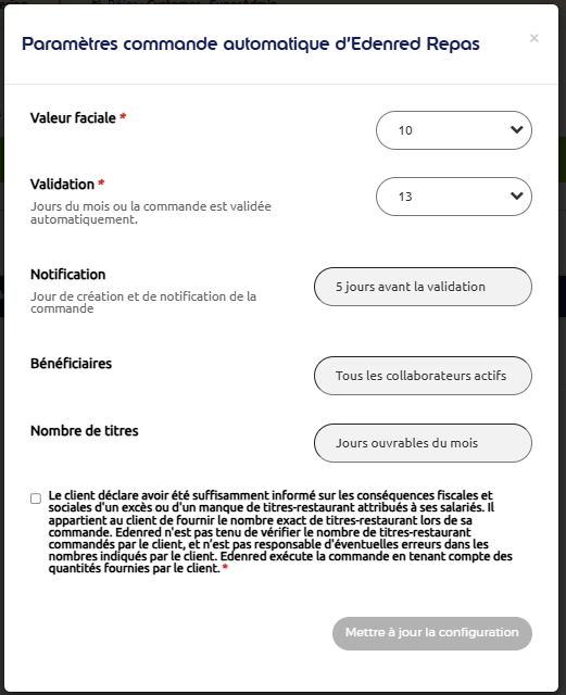 Paramètres de la commande automatique d’Edenred Repas (valeur faciale, jour de validation, notification, bénéficiaires, nombre de titres)